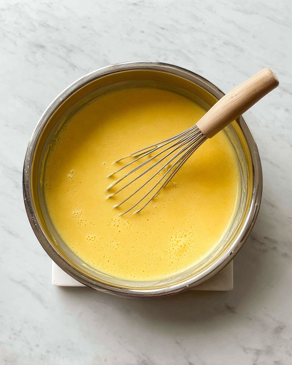 A shiny metal bowl filled with a smooth, bright yellow mixture that looks thick and creamy. There are small bubbles on the surface of the mixture. A whisk with a light wooden handle rests inside the bowl, touching the yellow mixture. The bowl is placed on a white marbled surface with soft veins and the background also shows the same white marble texture. photo taken with an iphone --ar 4:5 --v 7