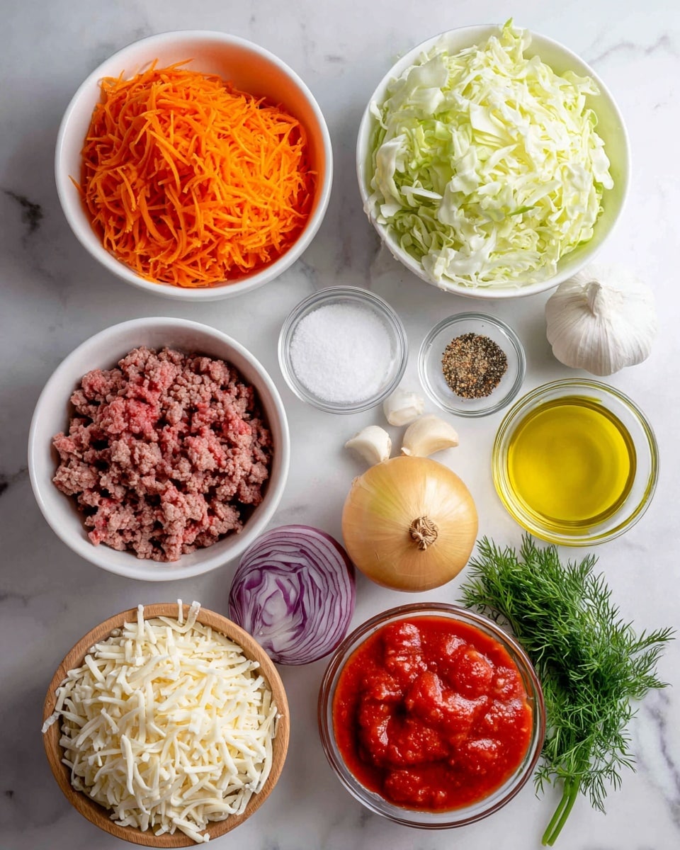 The image shows a collection of ingredients neatly arranged on a white marbled surface. There are ten separate containers or items, each clearly labeled: at the top left, a white bowl with thinly shredded orange carrot; next to it on the right, a white bowl filled with chopped light green cabbage; below those, a small clear bowl with white sugar and a small white bowl with mixed red and black seasonings beside fresh green dill sprigs. In the center, a wooden bowl holds shredded white mozzarella cheese. To the right, two stacked clear bowls contain deep red chopped tomatoes on top and smooth tomato puree below, with two cloves of garlic and a whole yellow onion placed nearby. At the bottom left, a white bowl speckled with black holds raw ground beef in loose strands, and next to it, a white bowl with beige cooked rice is seen. Finally, a small white bowl on the bottom right contains golden olive oil. The colors range from bright orange and green to red, white, and beige, creating a fresh and vibrant look. photo taken with an iphone --ar 4:5 --v 7