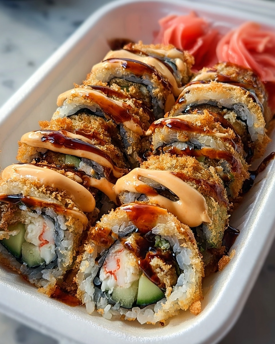 A close-up view of a white rectangular tray holding two neat rows of deep-fried sushi rolls. Each roll consists of an outer layer of golden crispy crunchy coating, followed by a white rice layer, with a thin dark seaweed wrap inside. Inside the roll, there are visible layers of green cucumber, orange crab stick, and light creamy filling. The top of each sushi roll is drizzled with a shiny dark brown sauce that adds a glossy texture. A woman’s hand is lightly holding the tray on the right side, set on a white marbled surface. Photo taken with an iphone --ar 4:5 --v 7