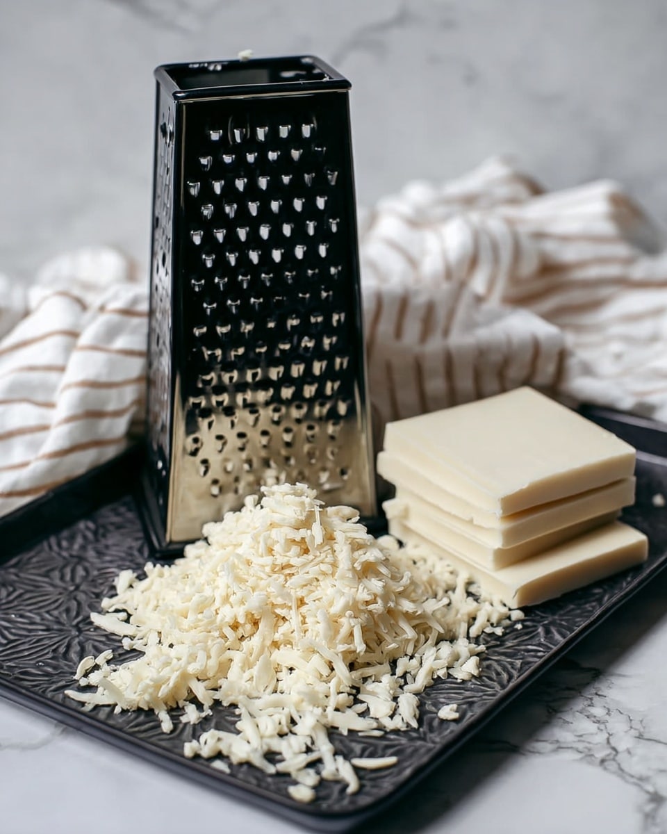 The image shows a black metal box grater standing upright on a dark tray with a textured pattern. In front of the grater, there is a large pile of finely shredded white cheese, spread out on the tray's surface. To the right of the shredded cheese, there is a neat stack of rectangular white cheese slices. The background features a soft white marbled texture with a white cloth that has light brown stripes, slightly blurred. photo taken with an iphone --ar 4:5 --v 7