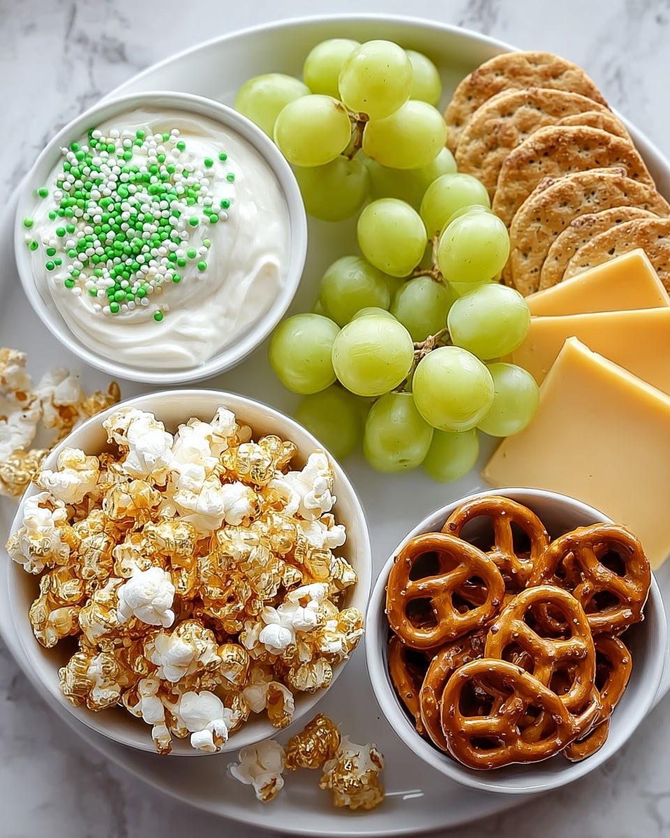 The image shows a white round plate holding four white bowls and food items. The top left bowl contains white creamy dip topped with green and gold round sugar sprinkles spread unevenly. To its right, there is a bunch of light green grapes with a smooth, shiny texture. The bottom left bowl is full of popcorn coated with shiny gold flakes, and the bottom right bowl holds golden brown pretzels with a salted surface. Some crackers and slices of pale yellow cheese are placed near the grapes at the top right side on the plate. The plate is set on a white marbled surface. photo taken with an iphone --ar 4:5 --v 7