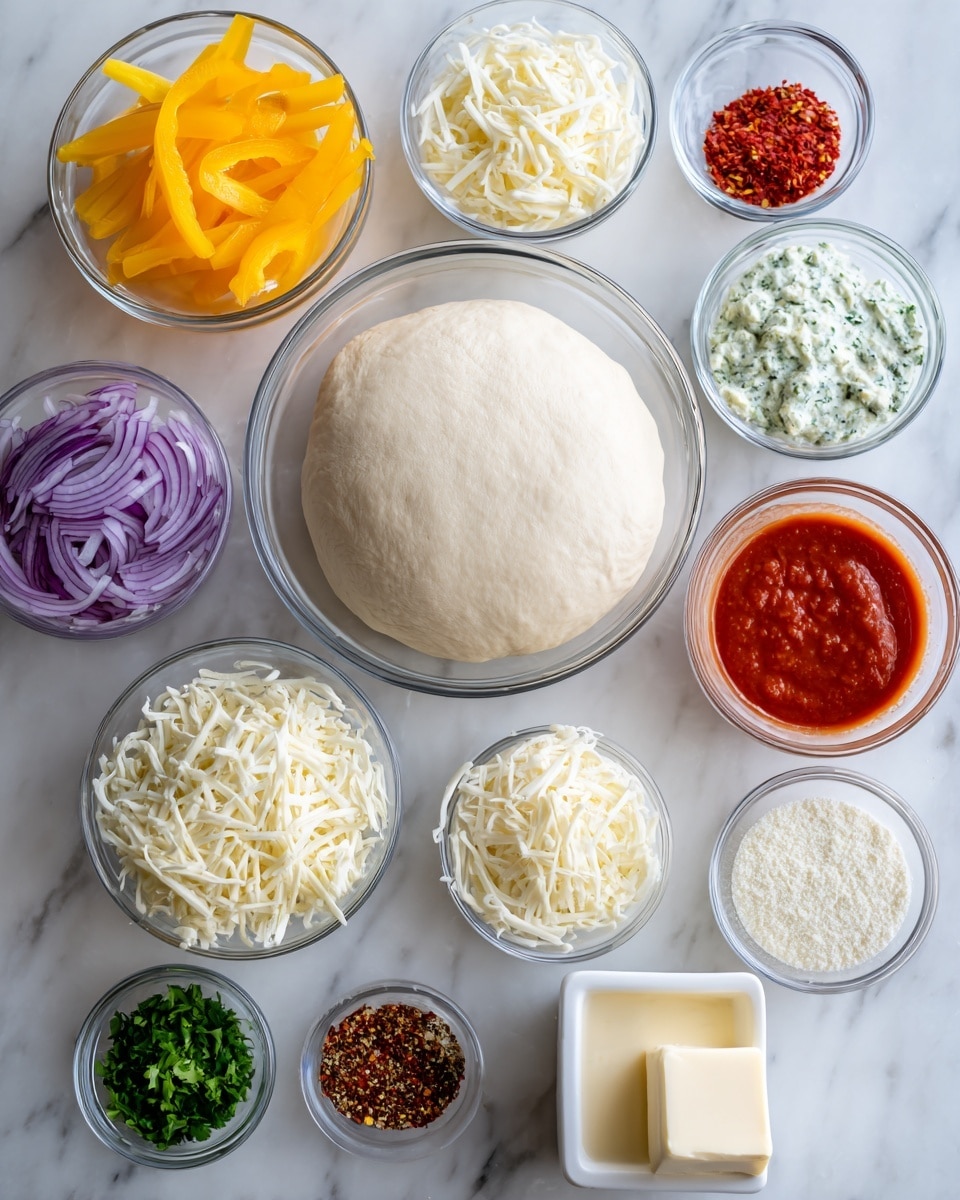 The image shows several small clear glass bowls and one small white square dish arranged on a white marbled surface. In the center is a large bowl with round, smooth, light beige pizza dough. Surrounding it are bowls containing colorful ingredients: bright yellow banana peppers, white shredded mozzarella cheese, deep red-orange buffalo sauce, creamy blue cheese sauce, thin purple-red sliced red onions, white shredded chicken, finely chopped green parsley, light red pizza sauce, crushed red pepper flakes, and grated white parmesan cheese. The white square dish holds two small blocks of pale yellow butter. The layout is neat, with each ingredient clearly visible in its own bowl or dish. Photo taken with an iphone --ar 4:5 --v 7