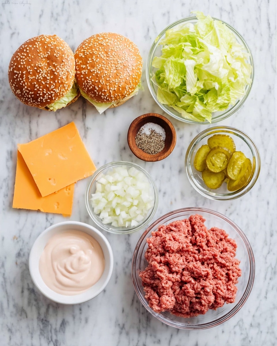 The image shows ingredients for making burgers arranged neatly on a white marbled surface. At the top left, there are two sesame seed burger buns with a soft golden brown color, placed next to three slices of bright orange cheddar cheese. To the right, there are small clear glass bowls filled with green crisp shredded lettuce and yellow green pickle slices. A small wooden bowl containing salt and black pepper sits in the center. Below, there are two white bowls, one with chopped white onions and the other with a light pink creamy sauce. At the bottom, there is a clear glass bowl filled with raw ground beef, showing its coarse reddish texture. All items are spaced evenly and clearly visible. photo taken with an iphone --ar 4:5 --v 7