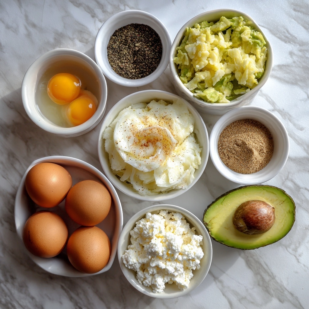 Four crispy golden brown hash brown patties are placed on a white marbled surface. Each patty is topped with a smooth layer of light green avocado spread, followed by a fluffy layer of bright yellow scrambled eggs. On top of the eggs, there is a dollop of white cream cheese sprinkled with black sesame seeds, orange seasoning, and small pieces of chopped green onions. The textures from the crispy edges to the soft toppings are clearly visible, and the overall look is fresh and colorful photo taken with an iphone --ar 4:5 --v 7