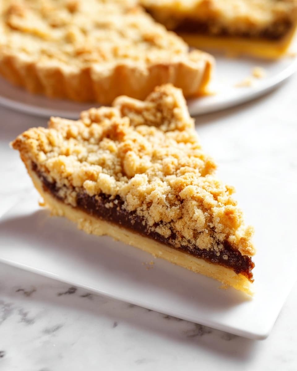 The image shows a slice of crumb-topped pie with three visible layers: a golden-brown crust on the bottom, a thick middle layer of dark brown filling that appears smooth and rich, and a top layer of uneven, crumbly streusel with a light golden color and a rough texture. The slice is on a clean white plate with a white marbled texture surface beneath, and the background shows the rest of the pie with one slice removed. Photo taken with an iphone --ar 4:5 --v 7