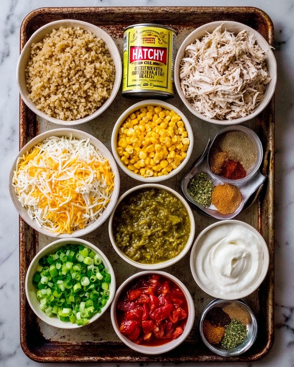 A rusty metal tray holds nine white bowls and one can of green chile enchilada sauce. At the top left is a bowl of cooked brown rice with a fluffy texture. Next to it on the right is a bowl filled with shredded light-colored meat. In the center is a smaller bowl with chunky green chile sauce, and to its right is a bowl of bright yellow cooked corn kernels. Below the corn, there is a bowl with shredded yellow and white cheese. At the bottom left is a bowl of chopped green onions, and next to it on the right is a bowl of thick white sour cream. Below the sour cream, a bowl contains chopped red tomatoes with visible seeds. The last bowl at the bottom right holds various dry spices in small piles, including brown, green, and reddish powders. The can of sauce is positioned left-center, with a yellow label and red text. All items sit on a white marbled surface photo taken with an iphone --ar 4:5 --v 7