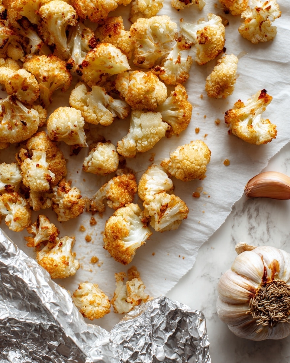 The image shows many small pieces of roasted cauliflower scattered on a white parchment paper, spread across a white marbled surface. The cauliflower pieces are golden with some browned, crispy spots, showing a roasted texture. In the lower right corner, there is a whole head of garlic, roasted and cut from the top, with a light brown caramelized look, placed partially wrapped in crinkled silver foil. The overall setting looks warm and fresh. photo taken with an iphone --ar 4:5 --v 7