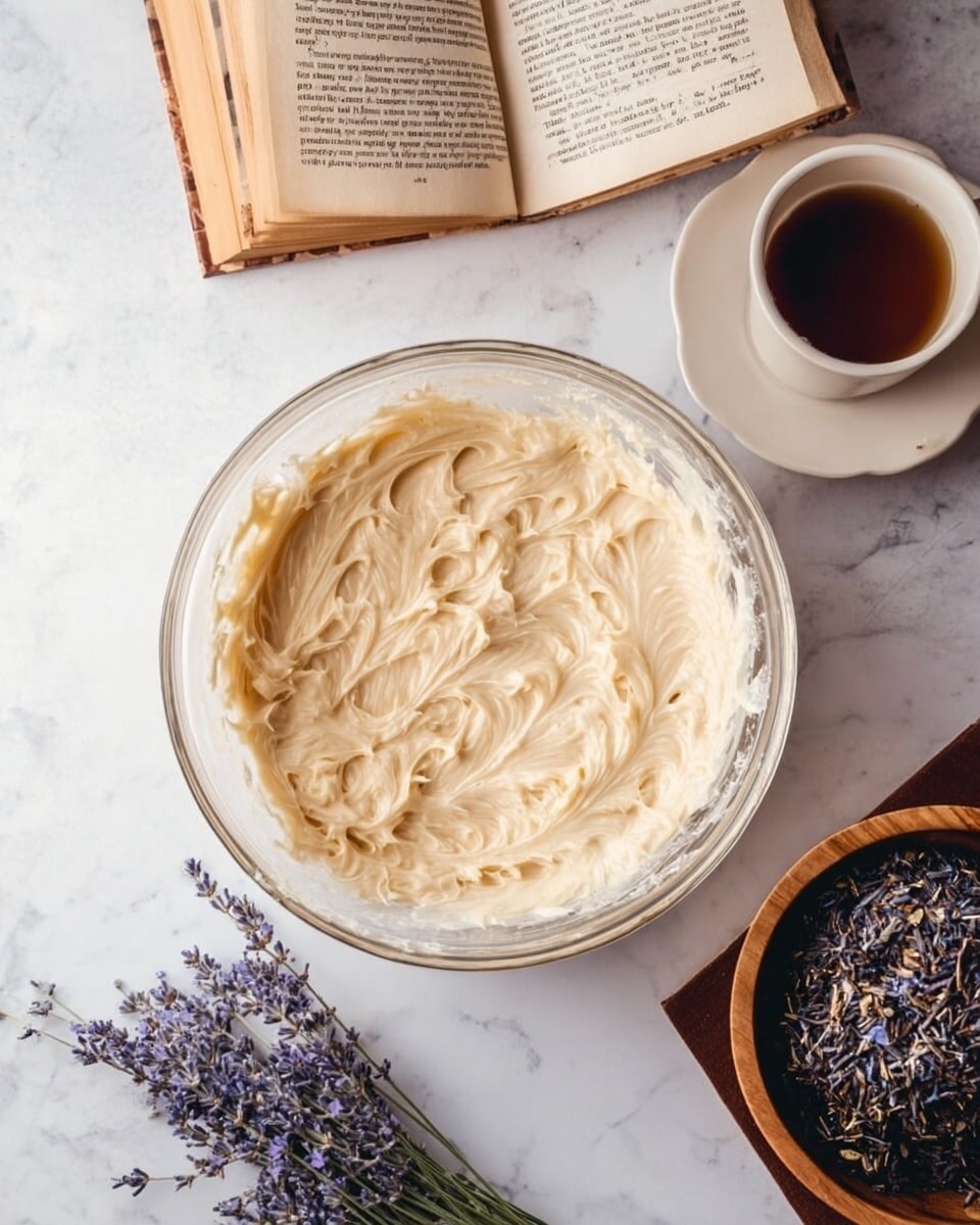 A clear glass bowl sits on a white marbled surface, filled with one thick, creamy layer of light beige batter with soft peaks and swirls visible on the surface. Around the bowl, there is an open book, a small white cup filled with coffee, and a shallow wooden bowl with dark loose tea leaves topped with purple dried lavender flowers, placed on a brown book. A small glass vase holding fresh lavender sprigs is visible in the corner. photo taken with an iphone --ar 4:5 --v 7