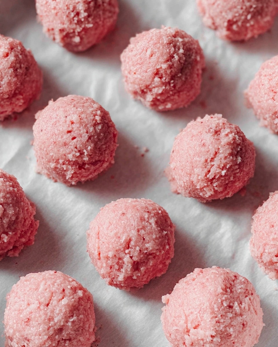 The image shows a close-up of a group of round, pink balls arranged on white parchment paper. Each ball has a rough, crumbly texture with visible small bits giving them a grainy look. They are placed close to each other in a neat, grid-like pattern. The soft pink color stands out against the white parchment background, highlighting their texture and shape. The photo is shot from an angle slightly above the balls, showing the top and sides clearly. photo taken with an iphone --ar 4:5 --v 7
