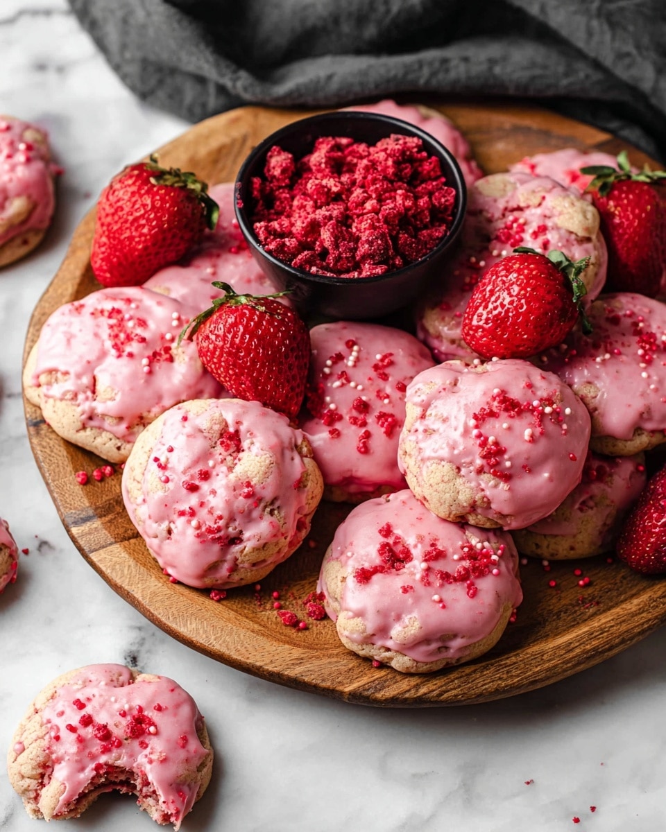 A woman's hand is holding four thin stacked cookies that have a pink glaze and small red bits on top. The cookies have a soft, crumbly texture with a light brown inside and a thin pink layer on the surface. Below, there is a white marbled surface with more cookies spread out, all covered with the same pink glaze and red bits. A fresh strawberry with a green leafy top lies on the surface near the cookies. The overall look is soft and colorful with a focus on the texture of the cookies and glaze photo taken with an iphone --ar 4:5 --v 7