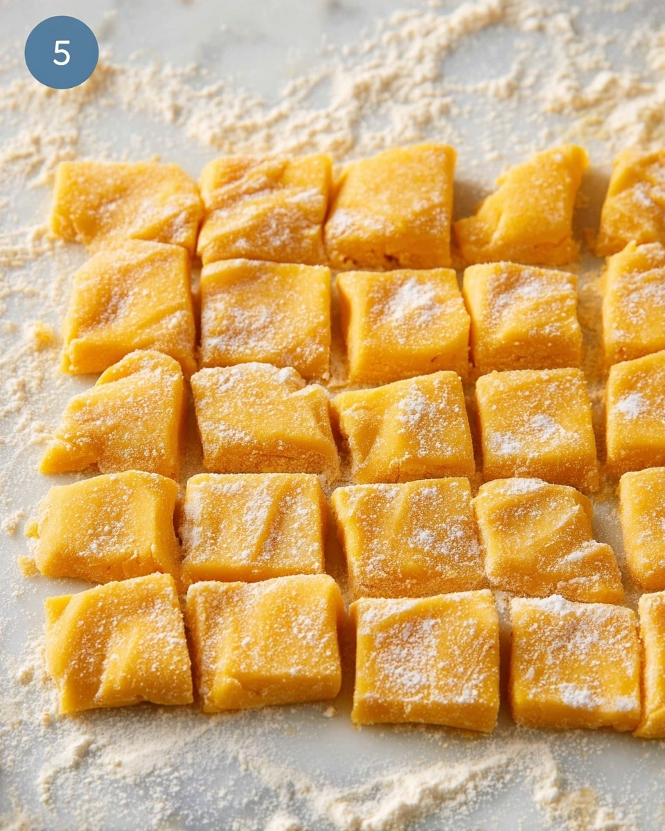 The image shows a close-up of several pieces of orange dough cut into small squares and rectangles, arranged in neat rows on a white marbled surface dusted with white flour. The dough has a slightly rough texture with some visible folds and an uneven edge. The flour is scattered around the dough pieces, creating a soft, powdery look on the surface. Photo taken with an iphone --ar 4:5 --v 7