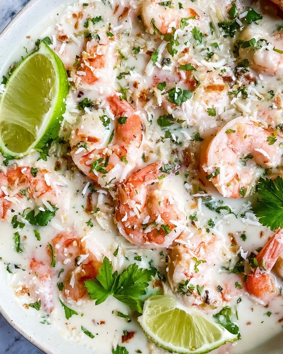 A white plate sits on a woven mat with a pile of fluffy white rice mixed with toasted coconut flakes and green herbs as the base layer. On top, there are three large pinkish-orange shrimp partly covered in a creamy white sauce with visible black pepper flakes and fresh herb pieces. A lime wedge rests on the left side of the plate. A woman's hand holds a silver spoon that is scooping some creamy sauce and shrimp from the rice. Fresh green parsley leaves surround the plate. The background is a white marbled texture. photo taken with an iphone --ar 4:5 --v 7