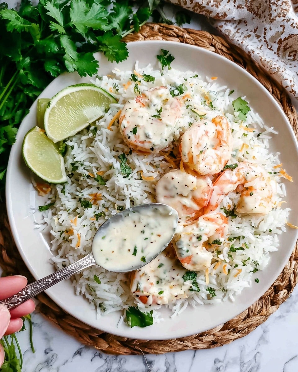 The image shows a spoon holding a creamy white sauce with a large pink shrimp partially covered in the sauce. Inside the sauce, there are small green herb pieces and toasted brown flakes, adding texture and color. Below the spoon, the white marbled surface holds more shrimp in the same sauce, with visible bright green parsley leaves and a lime wedge in the background, lending fresh green and yellow accents. The shrimp are vibrant pink with a firm texture, contrasting with the smooth, rich white sauce. photo taken with an iphone --ar 4:5 --v 7