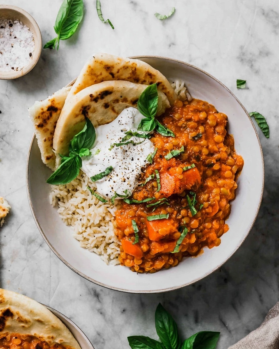 A white bowl filled with a base layer of light brown rice with visible grains, topped with a chunky orange lentil stew containing small pieces of carrots and lentils. On one side of the stew, two triangular pieces of flatbread rest against the bowl’s edge with slight char marks. Near the flatbread, a dollop of white yogurt or cream sits partially mixed into the stew. A few bright green basil leaves are placed on top, adding a fresh contrast. The bowl is set on a white marbled surface, and a small white bowl with salt sits blurred in the background. Photo taken with an iphone --ar 4:5 --v 7
