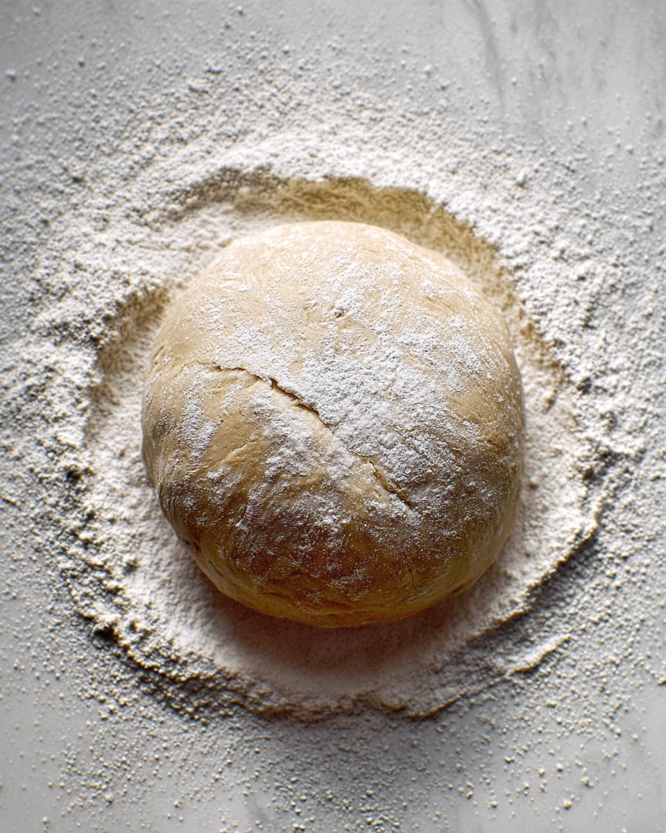 A single round dough ball sits in the center of a white marbled surface dusted with white flour. The dough has a pale beige color with a smooth texture and some small cracks on its side. A light layer of white flour is sprinkled over the top, giving it a powdery appearance. The surrounding flour is scattered loosely around the dough, creating a soft, powdery ring. photo taken with an iphone --ar 4:5 --v 7