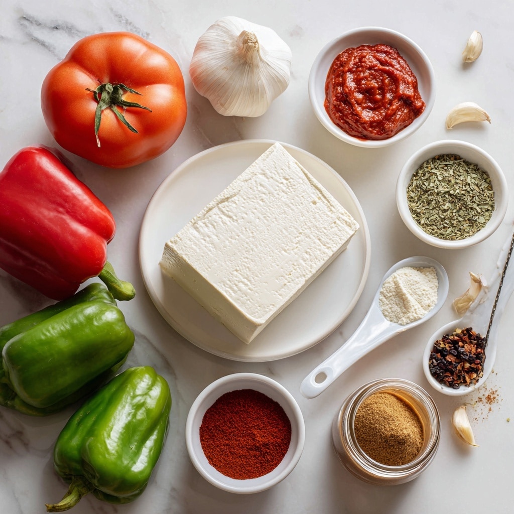 The image shows an overhead view of ingredients arranged on a white marbled surface. In the center is a large block of firm tofu on a white plate, creamy and smooth in texture. Surrounding it are small white bowls and spoons holding various ingredients: bright red tomato paste on a white spoon at the top right, a pile of green dried oregano in a small white bowl just below, deep red smoked paprika powder in another small white bowl near the bottom left, and a dried chipotle pepper in a small white bowl at the left side. A whole ripe red tomato is placed on the left side, and a cluster of fresh green bell peppers is on the right. A whole bulb of garlic is positioned vertically on the top left. There is also a small open jar containing adobo sauce near the right edge with a spoonful of cumin powder beside it. The colors range from creamy white, bright red, dark brown, fresh green, and earthy tones of spices. Photo taken with an iphone --ar 4:5 --v 7
