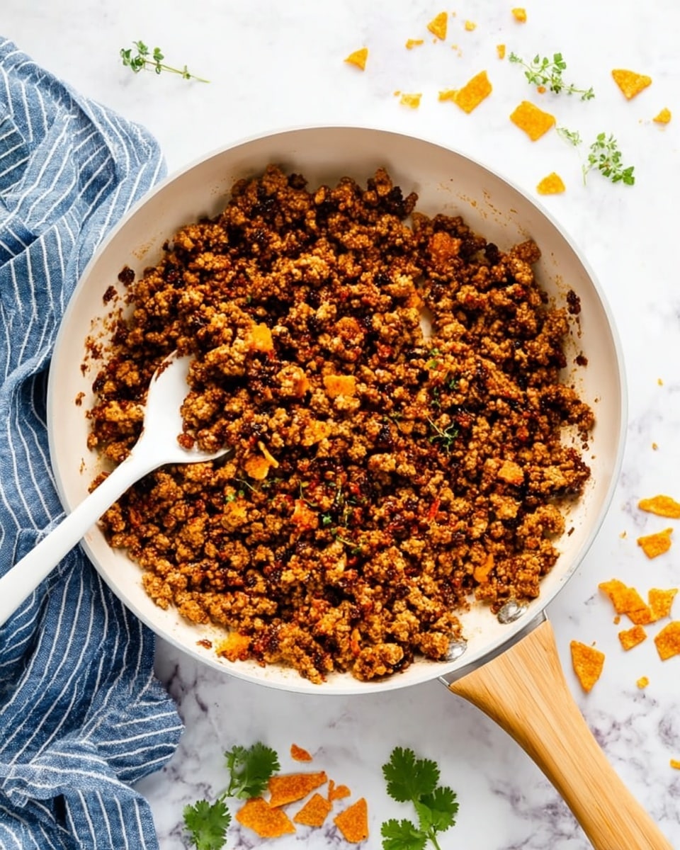 A white pan filled with cooked ground meat mixed with small orange and brown bits sits on a white marbled surface. A white spoon rests inside the pan on the left side, partially buried in the mixture. Around the pan, there are scattered green herbs and pieces of crushed orange chips. A blue and white striped cloth lies next to the pan. The pan has a light wooden handle extending to the right. Photo taken with an iphone --ar 4:5 --v 7
