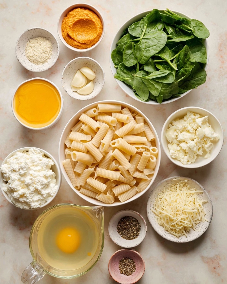 The image shows eleven bowls and one measuring cup arranged on a white marbled surface. In the center is a white bowl filled with dry rigatoni pasta, light beige with a smooth texture. Above and slightly to the right is a white bowl filled with fresh dark green spinach leaves, glossy and layered closely. To the left of the spinach, a white bowl holds a bright orange smooth puree. Below that, a small white bowl contains a yellow beaten egg mixture with a smooth surface. Beneath the egg bowl is a small white bowl filled with finely chopped garlic, creamy off-white and slightly moist. Below and left of the pasta, a white bowl holds soft white ricotta cheese with a fluffy, creamy texture. Below that, a glass measuring cup contains light golden broth with a smooth surface. Right of the ricotta, a white bowl contains shredded mozzarella cheese, pale yellow with a soft shredded texture. Below the mozzarella, a small white bowl is filled with finely grated Parmesan cheese, off-white and powdery. To the right of the spinach, a small white bowl contains finely chopped shallots, pale pink with a moist texture. Next to the shallots, a speckled white plate holds various dried spices—black, white, green, and red flakes—all finely ground or crushed. Finally, on the right bottom, a glass measuring cup holds white cream with a smooth surface. Photo taken with an iphone --ar 4:5 --v 7