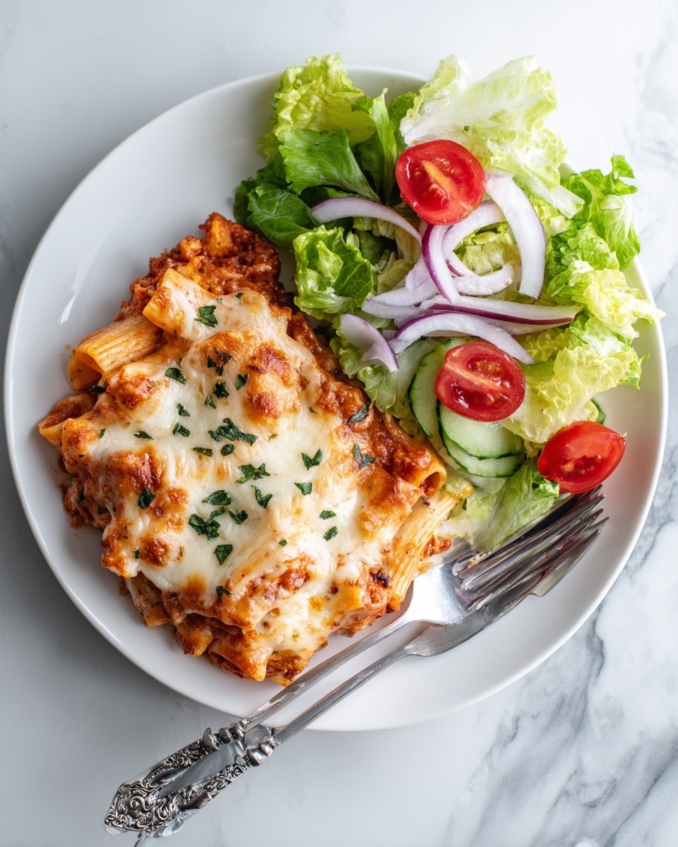A white plate holds a dish with two main parts: on the left, baked rigatoni pasta covered with a layer of melted light golden cheese with some green herbs scattered on top and a slightly uneven, bubbly texture; on the right, a simple salad with bright green romaine lettuce leaves topped with quartered red cherry tomatoes, thin slices of purple onion, and pale green cucumber chunks, all resting on a white marbled surface. A silver fork with a detailed handle lies at the bottom edge of the plate, partially under the pasta. Photo taken with an iphone --ar 4:5 --v 7