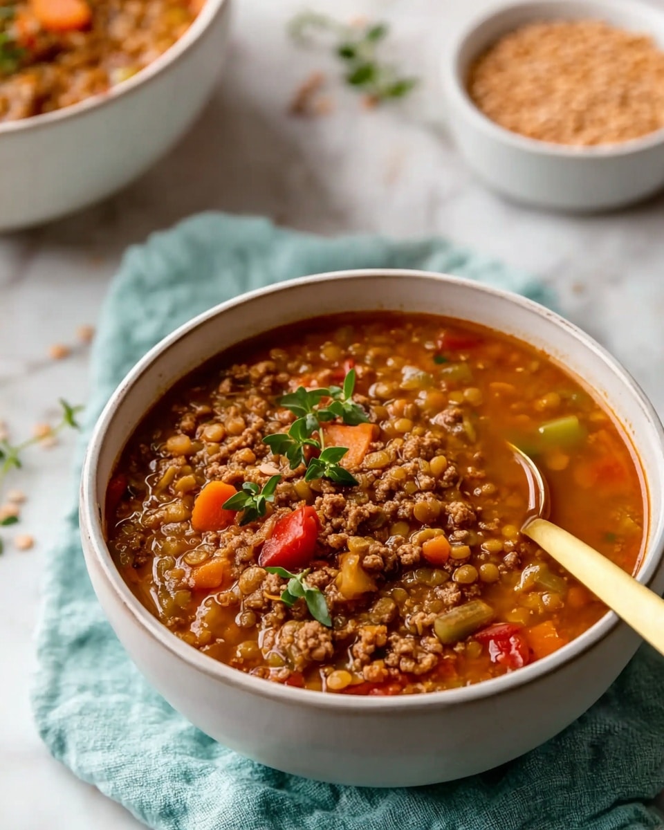 A close-up view of a brown pot filled with a thick stew made of brown lentils, ground meat, diced orange carrots, red tomatoes, celery, and sprinkled fresh green parsley on top. The stew has a rich reddish-brown color with visible small chunks and a slightly thick liquid base. The pot handle is brass-colored and rests on a light blue cloth. Near the pot, there is a small white bowl filled with dry brown lentils, placed on a white marbled surface with scattered lentils and parsley leaves around. Photo taken with an iphone --ar 4:5 --v 7
