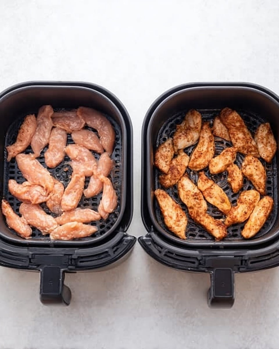 The image shows two black air fryer baskets side by side on a white marbled surface. The basket on the left contains raw chicken strips that are pink and covered with a light marinade, spread evenly in a single layer across the bottom of the basket. The basket on the right has cooked chicken strips with a golden-brown, slightly crispy texture, arranged loosely with some space between each piece. Both baskets have perforated bottoms visible beneath the chicken. Photo taken with an iphone --ar 4:5 --v 7