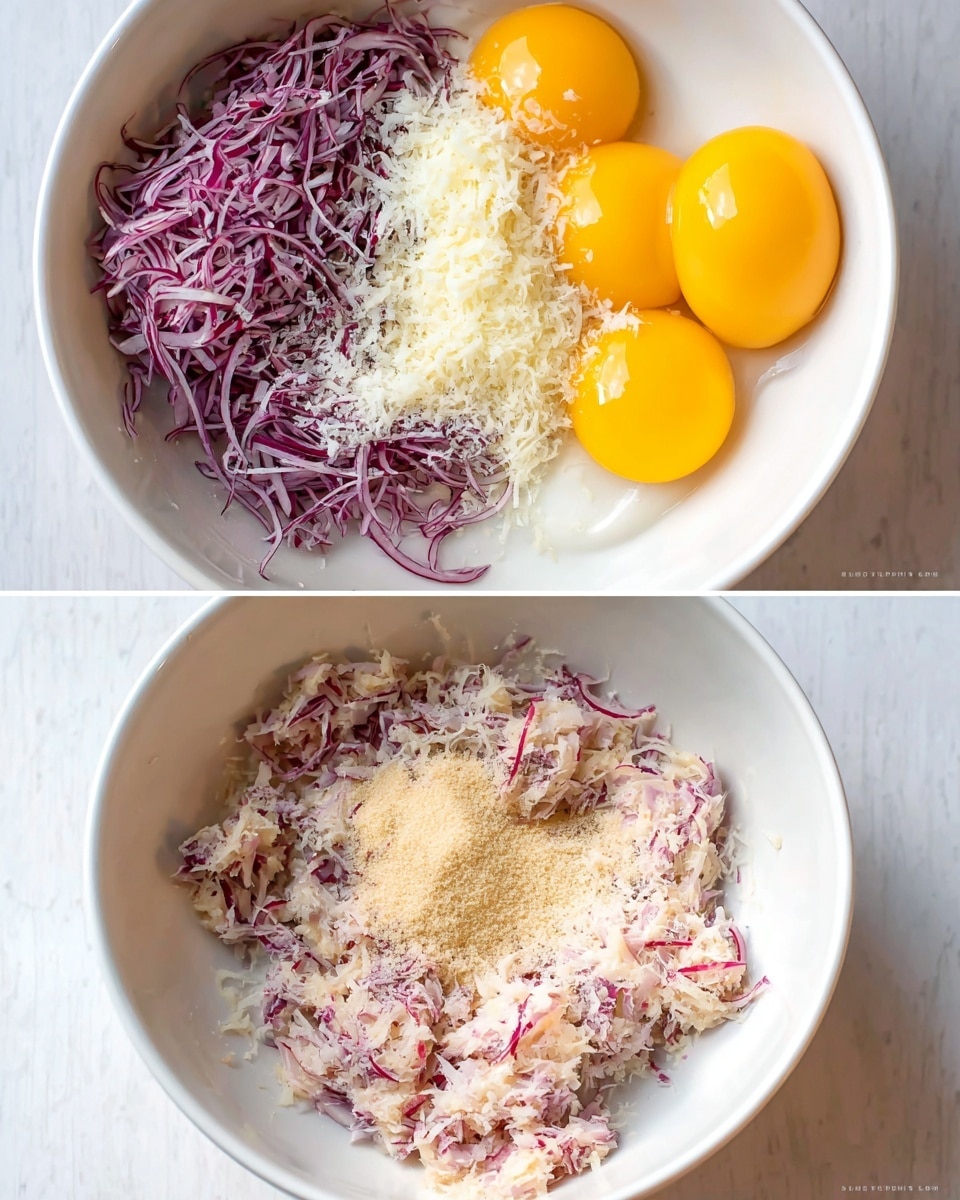 The top part of the image shows a white bowl filled with four raw yellow egg yolks on the right side, with shredded purple and white radish spread around the lower left and top right sides. In the center of the bowl, there is a heap of finely grated white cheese and a small pile of light brown powder. The bottom part of the image shows the same white bowl, now containing a mixed combination of the shredded radish, eggs, cheese, and powder, forming a moist, light pink and off-white textured mixture with visible shredded strands. The bowl sits on a white marbled texture surface. Photo taken with an iphone --ar 4:5 --v 7