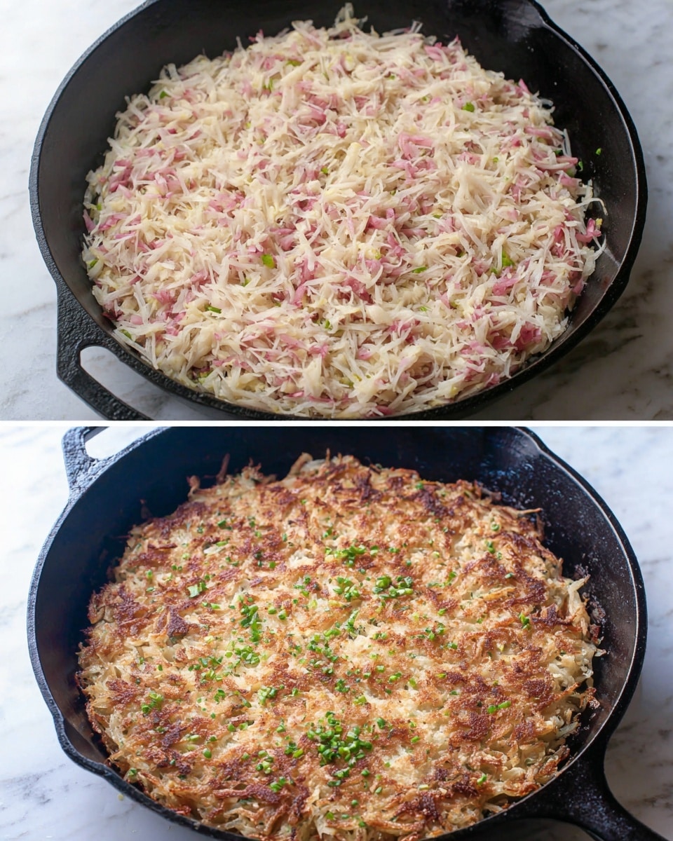 The image shows two views of a dish in a black cast iron skillet on a white marbled surface. The top view shows a single thick layer of pale shredded ingredients with pink and white tones spread evenly to the skillet’s edges. The bottom view presents the same dish cooked, with a browned, crispy texture covering most of the surface in uneven patches, and small green herb bits scattered over it, adding pops of color. The overall look is rustic and hearty, showing the contrast between the raw and cooked states. Photo taken with an iphone --ar 4:5 --v 7