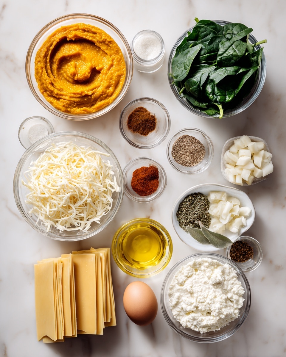 The image shows several small glass bowls and a stack of rectangular lasagna noodles arranged neatly on a white marbled surface. The largest bowl on the top left holds bright orange pumpkin puree with a smooth texture. To the right, a bowl full of fresh, dark green spinach leaves. Below that, there is a bowl with small, white chopped onions. At the bottom, a bowl filled with coarse, white ricotta cheese showing a slightly grainy texture. To the left, another bowl contains shredded mozzarella cheese with a soft and stringy look, and below it, a bowl of grated Parmesan cheese with a finer texture. A small bowl of golden olive oil and a few garlic cloves sit near the center. Next to them, three small bowls each hold ground nutmeg with a brown powdery look, cinnamon with a warm reddish-brown color, and dried oregano with a dark green, leafy texture. There is also a small bowl of milk, a glass container holding salt and pepper mix, and a single brown egg placed on the marble. The rectangular lasagna noodles form a neat pile near the center. The overall arrangement is clean and well-spaced, all set on the white marbled surface. Photo taken with an iphone --ar 4:5 --v 7