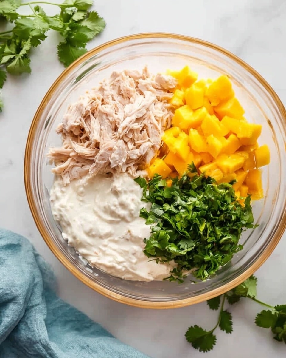 A clear glass bowl sits on a white marbled surface, filled with four main layers of ingredients arranged side by side. At the top left is a pale pink shredded layer of chicken, next to it on the right is a bright yellow diced mango layer. Below the mango is a fresh green chopped cilantro layer, and below the chicken are two creamy layers: a white yogurt-like layer at the bottom and a beige creamy layer just above it. A light blue cloth and some loose cilantro leaves are scattered on the surface nearby. Photo taken with an iphone --ar 4:5 --v 7