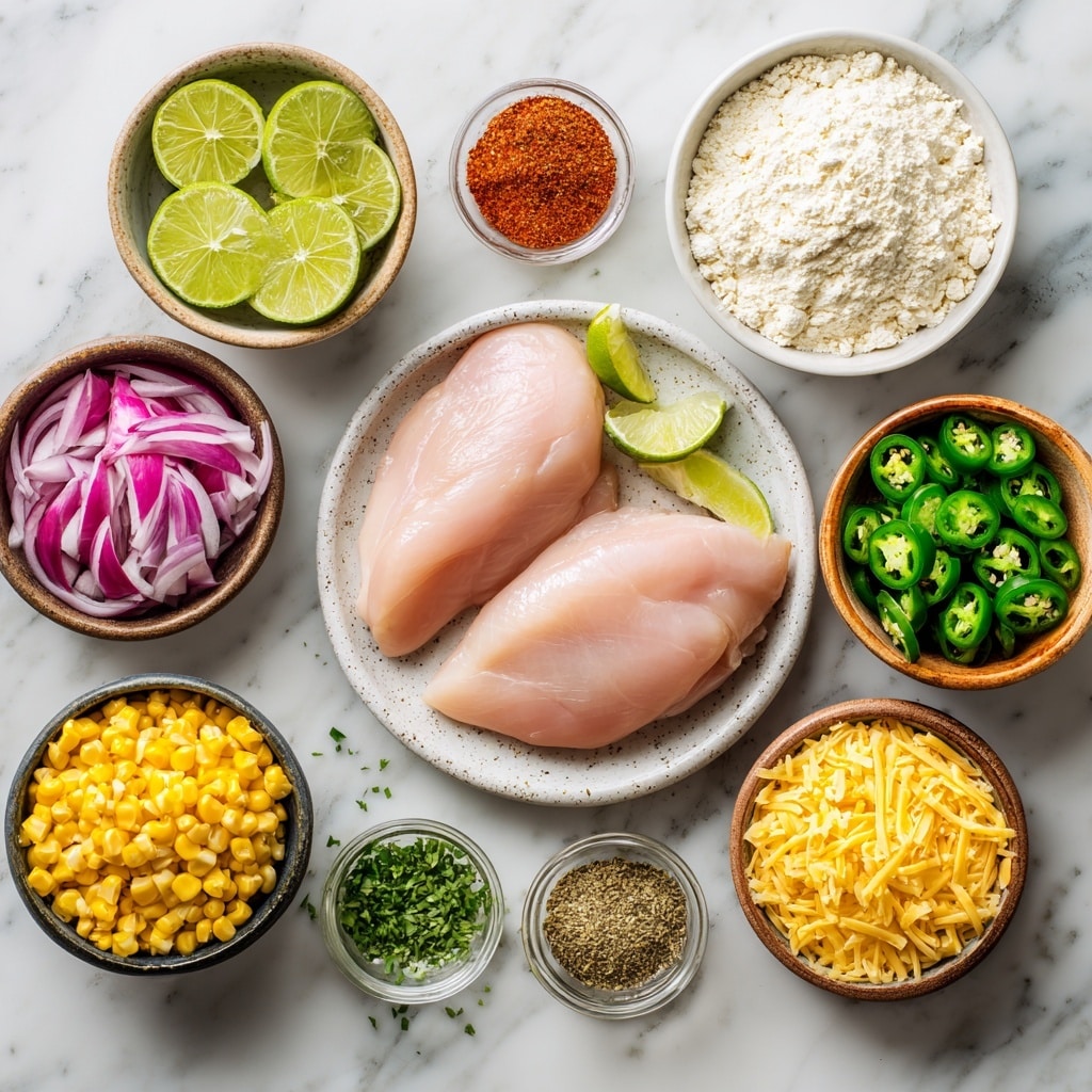 The image shows a white pan filled with four pieces of golden brown seasoned chicken thighs, lightly charred in spots, placed on top of a creamy bed of yellow corn kernels mixed with slices of green jalapeños. A grilled half lime with a browned surface rests on the edge of the pan, and bits of fresh green herbs are sprinkled evenly over the chicken and corn. The dish sits on a white marbled surface with a white cloth that has blue stripes nearby. photo taken with an iphone --ar 4:5 --v 7