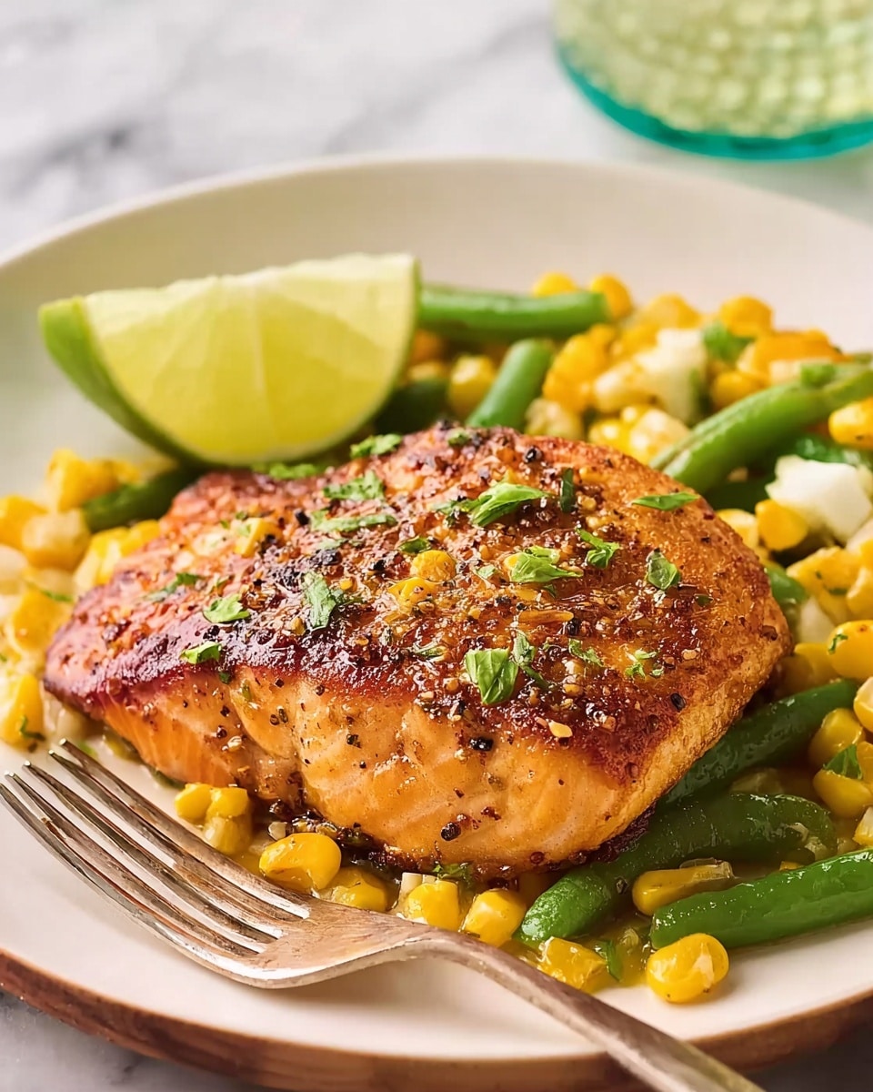 A white plate holds a cooked piece of salmon with a browned, slightly crispy surface, sprinkled with chopped green herbs and black pepper. The salmon is placed on a bed of yellow corn kernels mixed with sliced green beans and small pieces of a white creamy substance, all laid out neatly. Behind the salmon, there is a slice of lime with a light green peel and pale flesh. A silver fork rests on the left side of the plate. The background has a white marbled texture. Photo taken with an iphone --ar 4:5 --v 7