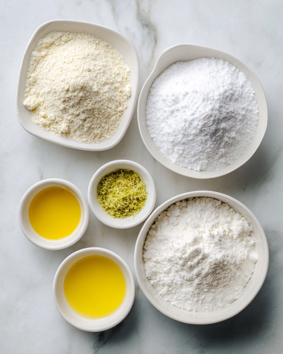 The image shows six small white bowls arranged on a white marbled surface, each containing different baking ingredients. At the top right, there is a bowl filled with fine white powdered sugar. On the left, a square white bowl holds a light beige mix of flour, salt, and baking powder with a powdery texture. Below and to the right is a round white bowl with a yellow stick of butter resting on liquid oil, smooth and shiny. Next to it, a tiny white bowl contains green lime juice and lime zest, looking finely grated. Below, two smaller white bowls show a bright yellow egg yolk mixed with a light liquid coconut flavoring on the left, and a mixture of white granulated sugar and powdered sugar on the right, soft and powdery. The whole setup is neat and clearly labeled, photo taken with an iphone --ar 4:5 --v 7