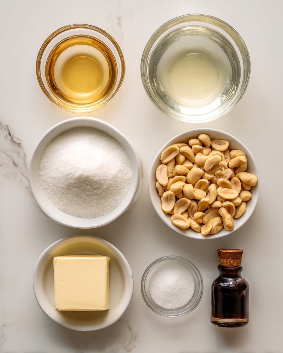 A top view of several clear and white bowls and containers with ingredients on a white marbled surface: a white bowl filled with white granulated sugar is on the bottom left, above it is a clear glass container with light yellow corn syrup. To the right of the sugar bowl is a white bowl filled with golden brown peanuts, a small clear bowl with white baking soda is below it. On the right side, near the top, there is a half-full clear container with water, a small block of pale yellow butter beside it, and a dark brown bottle of vanilla extract next to the butter. Each item is labeled with black text above or beside it. Photo taken with an iphone --ar 4:5 --v 7