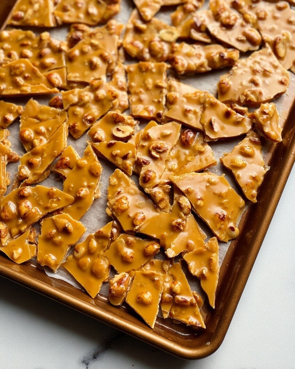 The image shows a close-up view of many pieces of peanut brittle spread out on a baking sheet with a brown silicone mat. Each piece is irregularly shaped, with a shiny caramel-colored brittle layer packed with whole and chopped peanuts embedded throughout. The texture looks smooth and glossy on top, with rough edges where the brittle has broken apart. The background is a white marbled surface. photo taken with an iphone --ar 4:5 --v 7