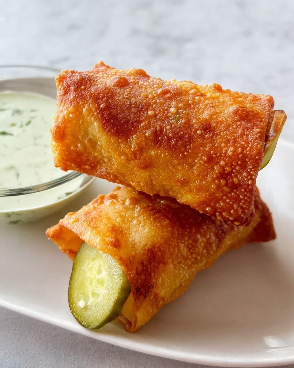 The image shows a white plate on a white marbled surface with three golden-brown fried rolls positioned around a small clear glass bowl of white sauce with green herbs. Each roll is tightly wrapped and has a crispy brown outer layer with a crunchy texture. One roll near the bottom has a visible slice of green pickle peeking out from the open end, showing a light green interior. The sauce in the bowl is smooth with small green herb specks evenly spread throughout, placed on the left side of the plate. photo taken with an iphone --ar 4:5 --v 7