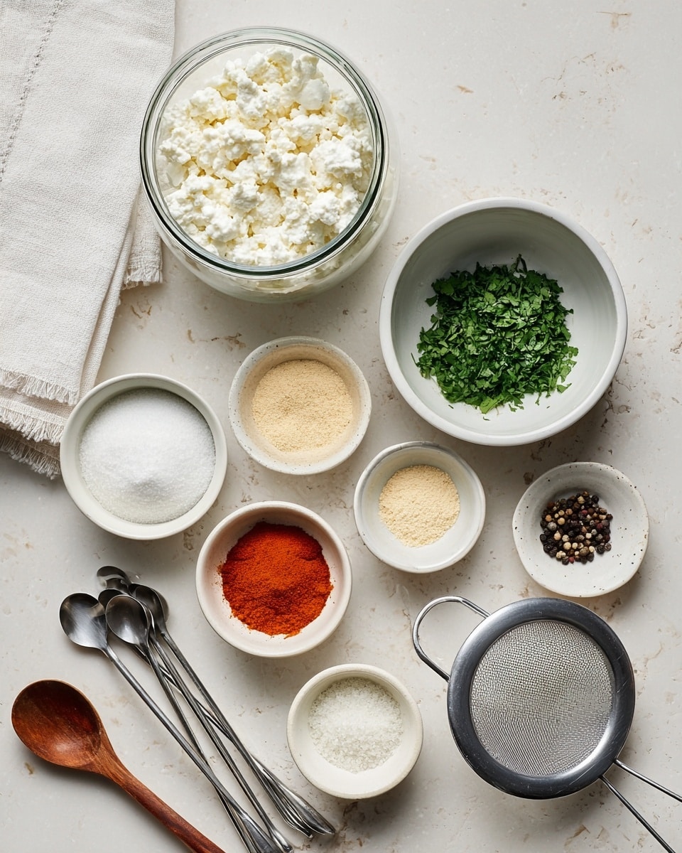 The image shows a top view of various small white bowls arranged on a white marbled surface, each holding different spices and ingredients. From top left, a glass jar filled with chunky white cottage cheese is next to a folded white napkin. Below, there is a white bowl filled with chopped green herbs, surrounded by small white bowls containing fine light yellow powder, fine beige powder, bright reddish-orange powder, and off-white granular powder. A metal strainer with some black peppercorns sits on the right. At the bottom left, a white bowl with a wooden spoon rests next to four silver measuring spoons lined up side by side. All items are neatly spaced and well lit. Photo taken with an iphone --ar 4:5 --v 7