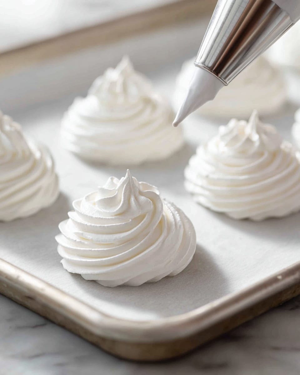 The image shows a close-up of six swirled white meringue nests piped onto a lined baking tray with a silver edge, placed on a white marbled surface. Each meringue is made of soft, airy layers spiraled into a circular shape with a hollow center, with smooth, shiny textures and slight peaks styling the outer edges. One piping bag with a metal tip is actively shaping the top of a meringue, adding a fresh layer of tight, smooth swirls. The background is softly blurred, focusing attention on the detailed shapes and smooth textures of the white meringues and piping tip. photo taken with an iphone --ar 4:5 --v 7