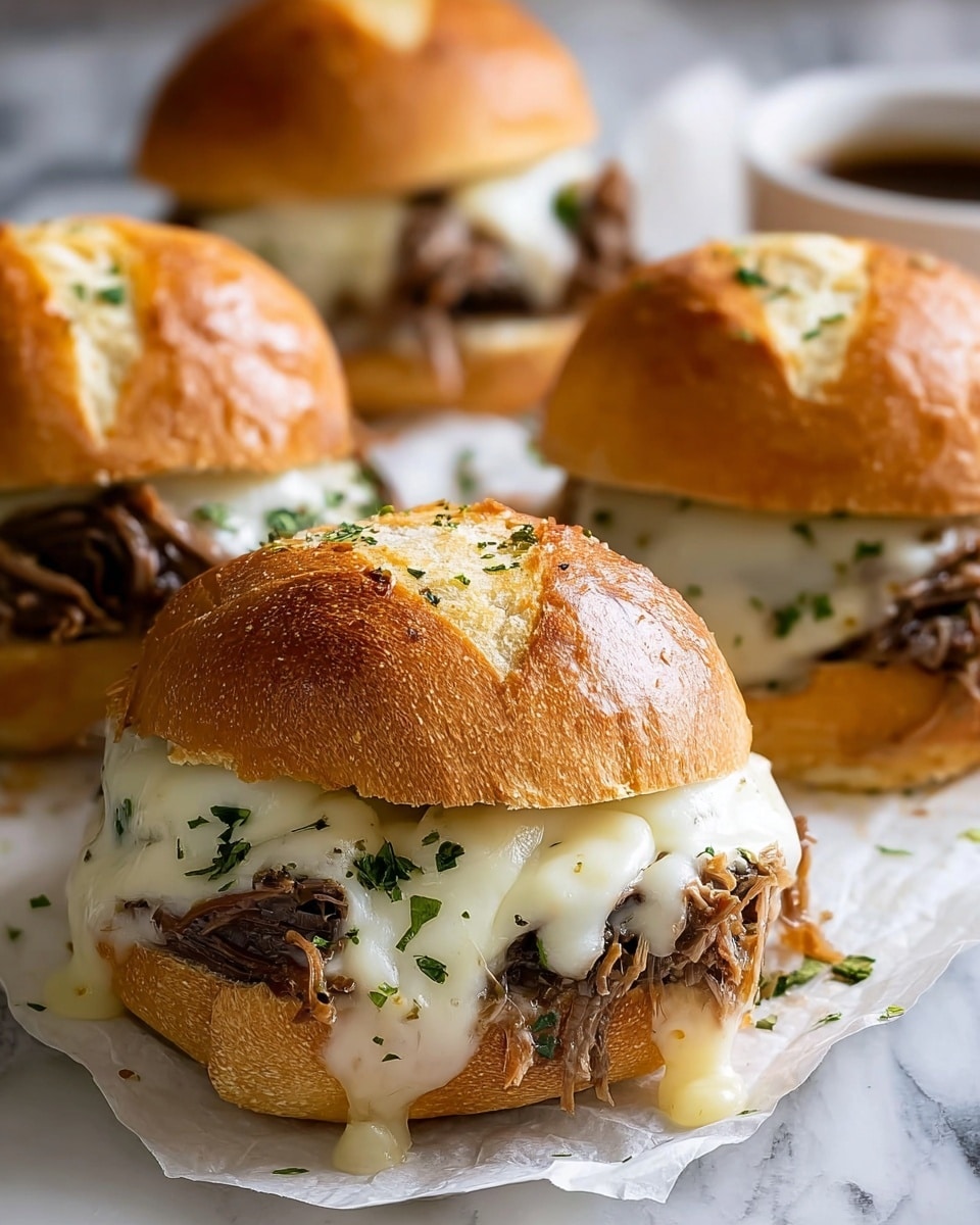 Four sandwiches sit on white parchment on a white marbled surface, each made with a soft golden brown bun sprinkled with small green herb pieces. The bottom layer is filled with dark brown shredded meat, topped by a creamy, melted white cheese that drips slightly over the edges. The cheese is garnished with finely chopped green herbs. The buns are slightly toasted and have a shiny texture on top from being baked. The background is softly blurred, focusing attention on the front sandwich. Photo taken with an iphone --ar 4:5 --v 7
