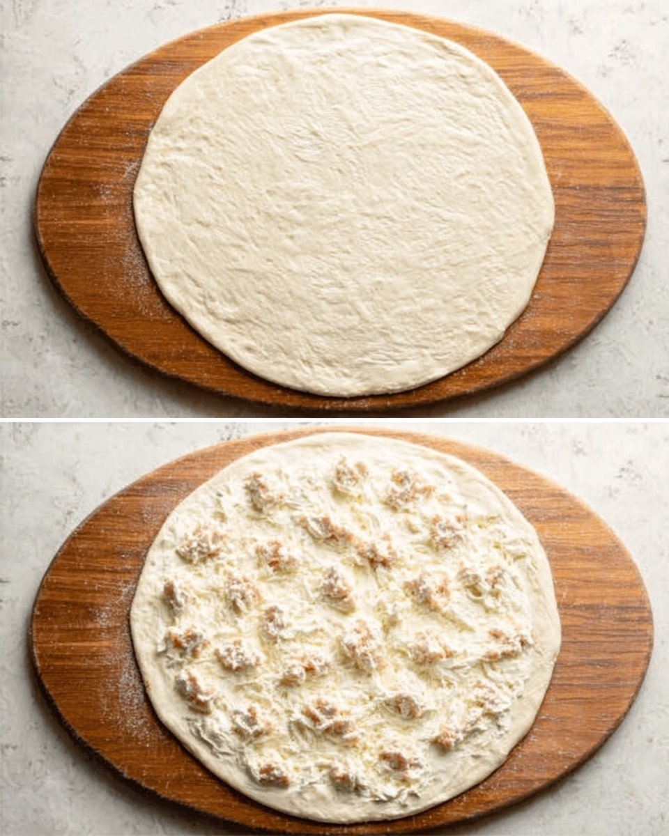 The image shows two side-by-side shots of a round pizza dough on a wooden board above a white marbled surface. The dough is rolled out smooth with a pale cream color and slightly textured surface. The second shot adds small pieces of a light-colored topping spread evenly across the dough. The toppings appear creamy and slightly chunky, creating a soft, uneven layer over the dough. The simple background focuses attention on the dough and toppings only. Photo taken with an iphone --ar 4:5 --v 7
