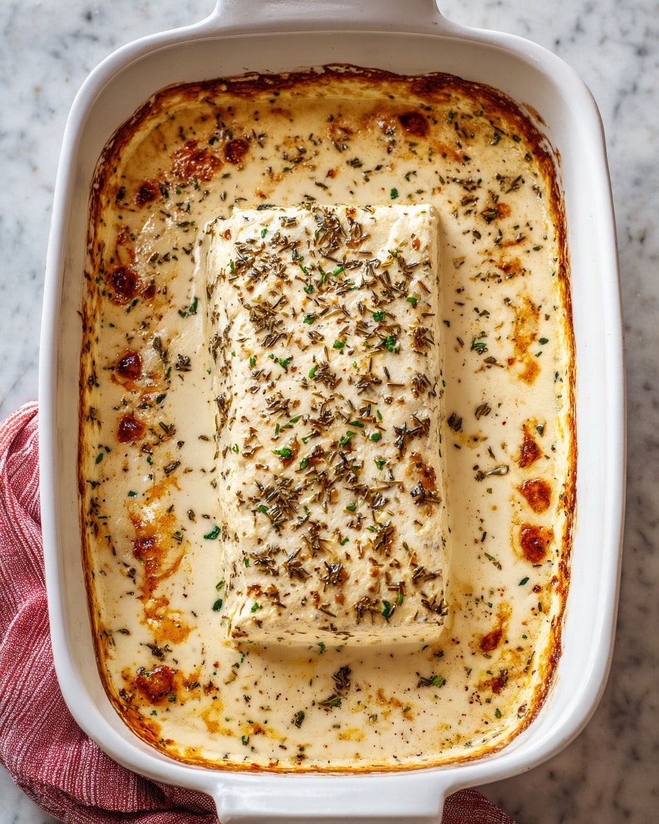 This image shows a white baking dish filled with a creamy, light beige mixture that has a thick, smooth texture. On top of this creamy base, there is a rectangular block of white cheese with a slightly rough surface, covered with black pepper and herbs. Around the cheese, there are golden brown spots where the dish has been baked, showing crisp, browned edges with a slightly bubbly texture. The baking dish sits on a white marbled surface with a glimpse of a striped red and white cloth underneath. Photo taken with an iphone --ar 4:5 --v 7