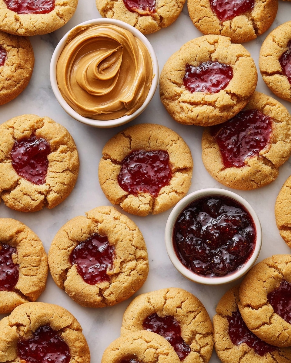 The image shows many round cookies with a golden-brown color and a cracked texture on top, each having a deep red jam filling in the center. The cookies are spread out over a white marbled surface. Two small white bowls accompany the cookies: one filled with smooth peanut butter with a swirl pattern on top, and the other filled with dark red jam that looks shiny and chunky. The overall look is warm and inviting with the soft cookies contrasting the glossy jam and creamy peanut butter photo taken with an iphone --ar 4:5 --v 7