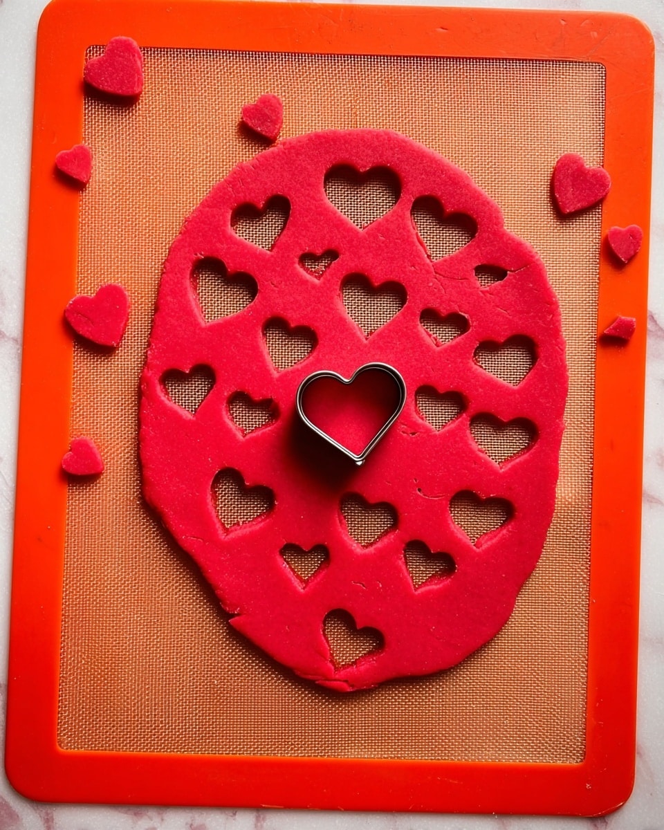 A bright red dough rolled out flat in an oval shape on an orange silicone baking mat which rests on a white marbled surface. Multiple small heart shapes have been cut out from the dough, with some hearts removed and neatly placed around the dough on the mat. A small metal heart-shaped cutter is still placed in the center of the dough. The red dough has a smooth texture and stands out vividly against the orange mat and white marbled background. Photo taken with an iphone --ar 4:5 --v 7