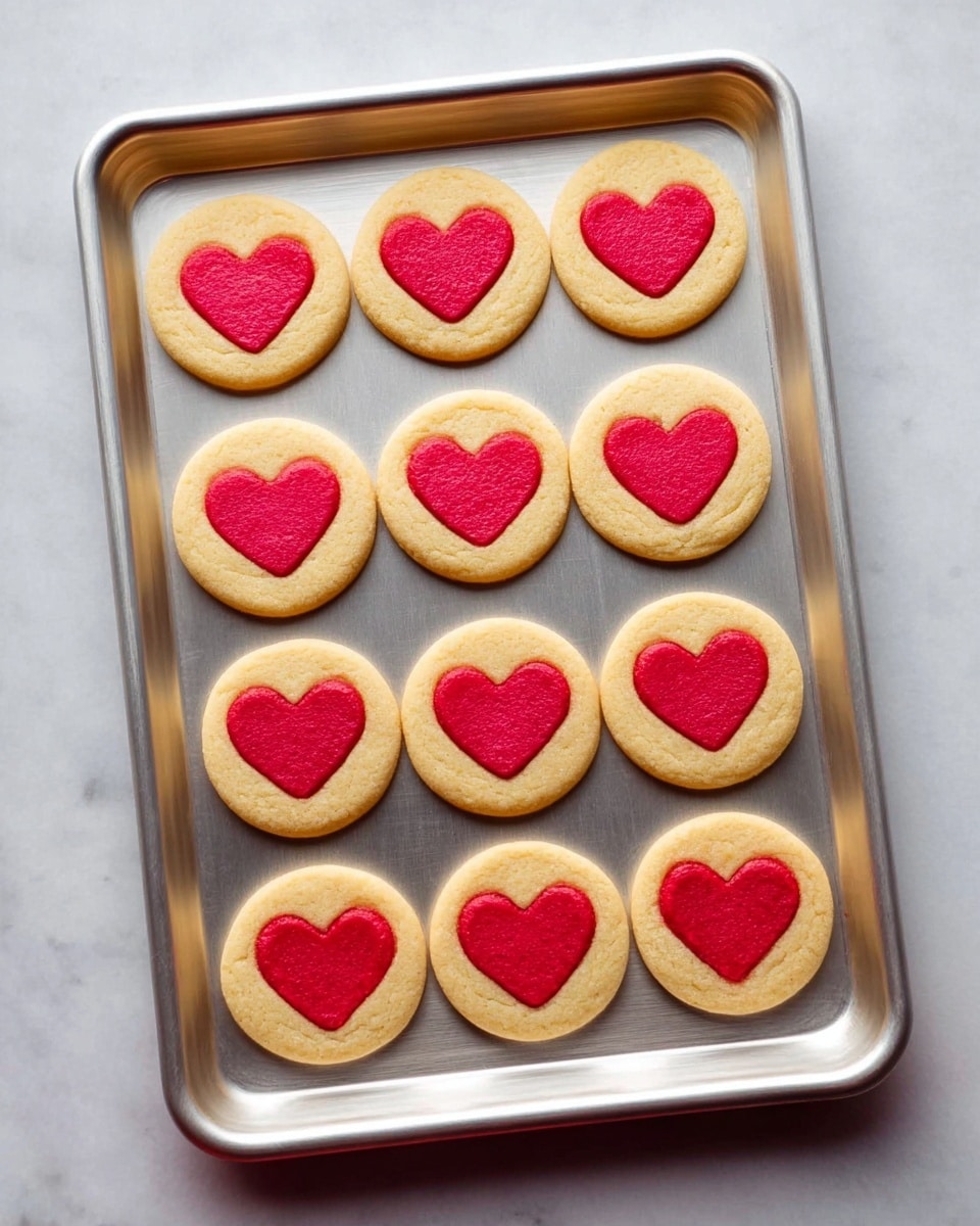 A silver baking tray holds twelve round cookies arranged in three columns and four rows. Each cookie has a light golden-brown base layer with a smooth texture. In the center of each cookie, there is a bright red heart shape with a slightly matte finish. The tray is placed on a white marbled surface, giving a clean and simple background. photo taken with an iphone --ar 4:5 --v 7