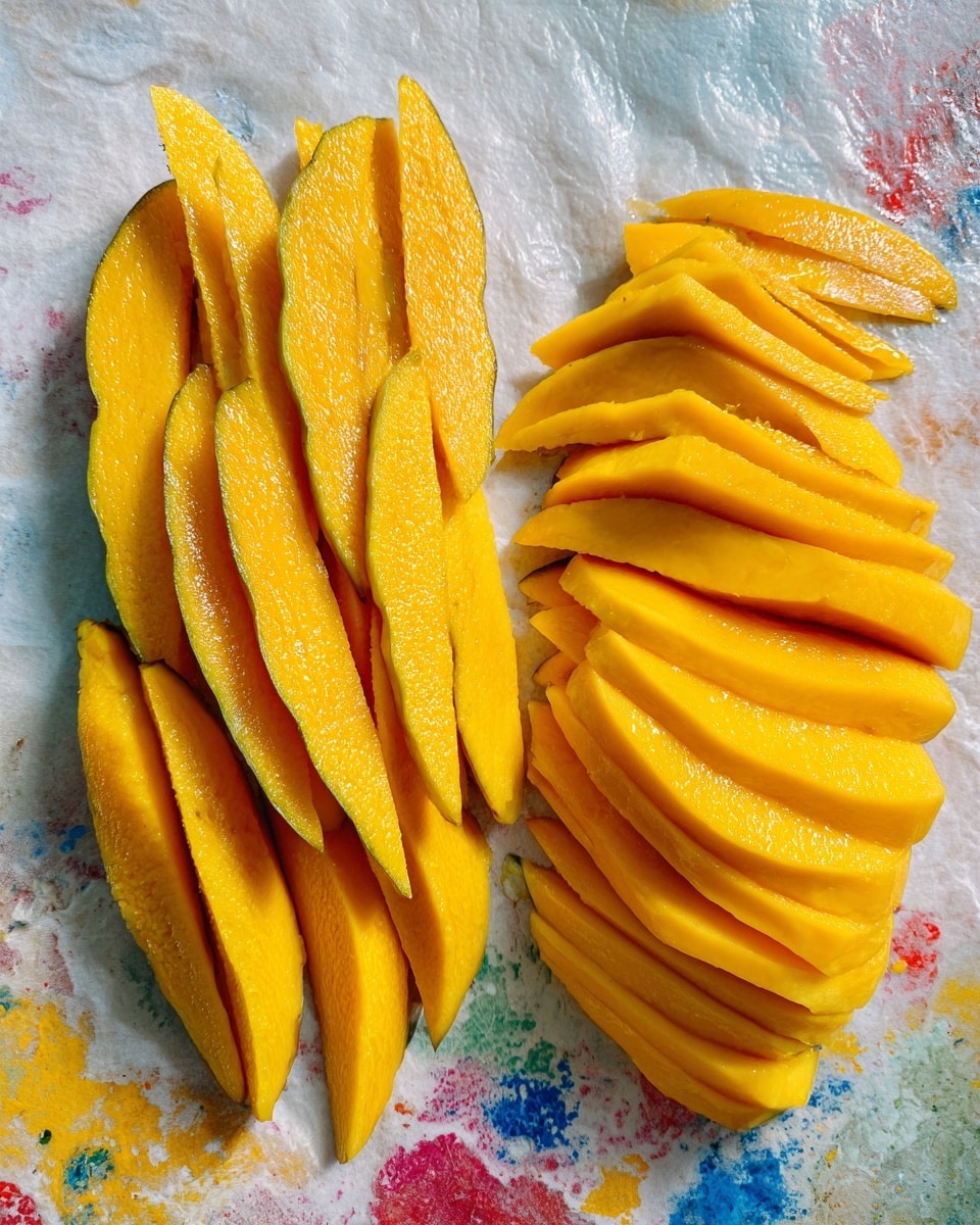 The image shows many thin, bright yellow mango slices arranged in two different styles on a multicolored surface with red, blue, yellow, and green spots on a white base. On the left, there are long, thin, lumpy slices laid side by side vertically. On the right, there are larger, smooth, flat slices stacked slightly over each other diagonally. The background is changed to a white marbled texture. The mango pieces look fresh and juicy. photo taken with an iphone --ar 4:5 --v 7