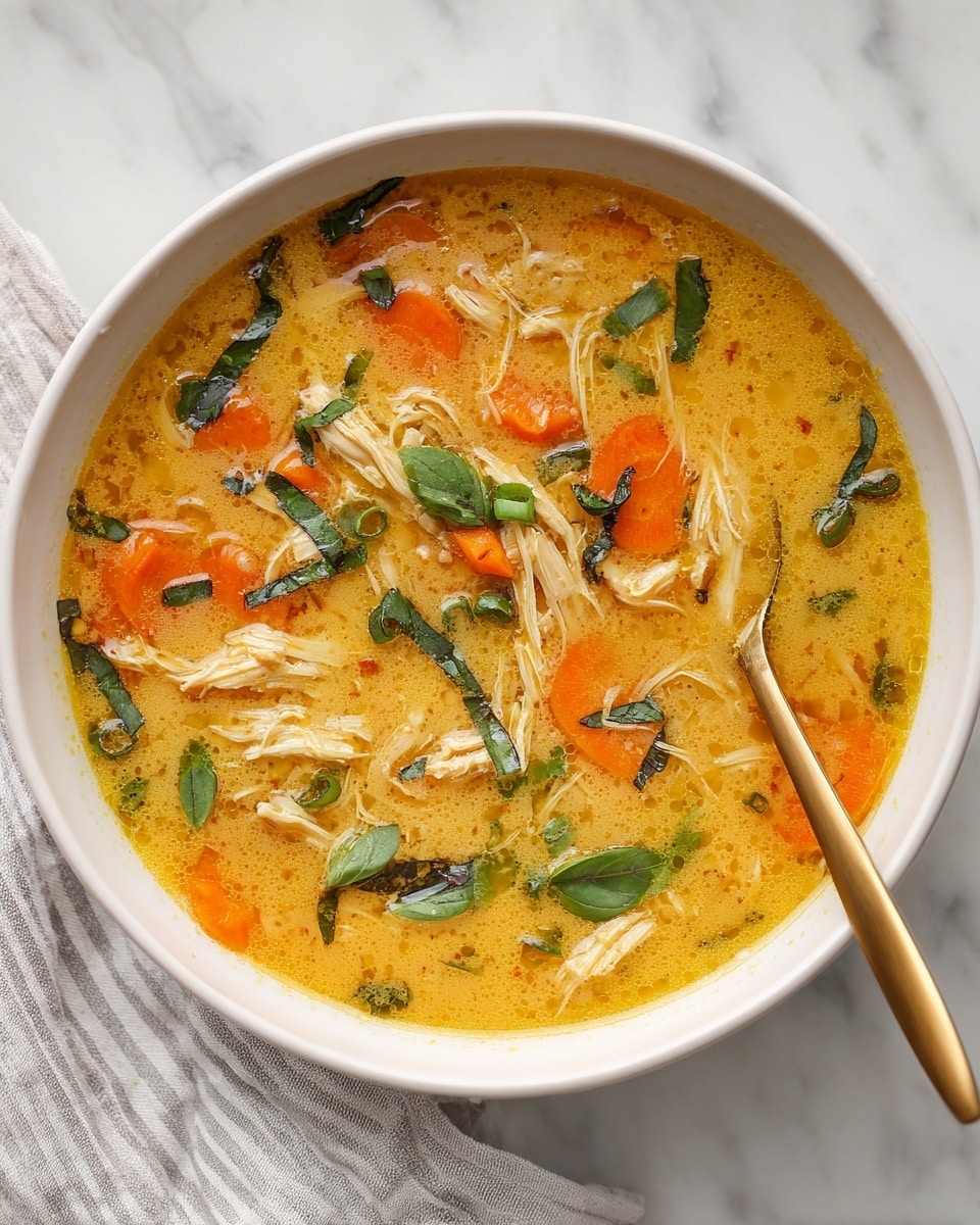 A white bowl filled with a warm, golden-yellow soup with a smooth, slightly thick texture. The soup contains visible soft orange carrot slices and shredded pieces of light brown chicken mixed throughout. Bright green basil or mint leaves and chopped green onions float on the top, adding fresh color contrast. A gold spoon rests in the soup on the right side of the bowl. The bowl sits on a white marbled surface with a light gray-striped cloth partially visible at the bottom left corner. Photo taken with an iphone --ar 4:5 --v 7