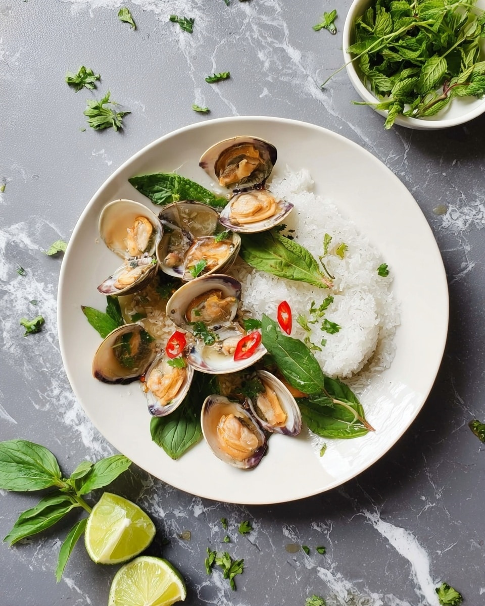A white round plate on a white marbled surface holds a dish with three main layers: on the right side is a bed of smooth white rice, topped with small green herb leaves scattered lightly; on the left side are opened clam shells with a light beige and brown glossy texture, showing the orange and cream-colored clam meat inside; on and around the clams are fresh green herb leaves and two small red chili peppers adding color contrast. Nearby, to the top right of the plate, is a small white bowl filled with bright green fresh herbs. On the white marbled surface are scattered green leaves and half a lime cut lengthwise. photo taken with an iphone --ar 4:5 --v 7