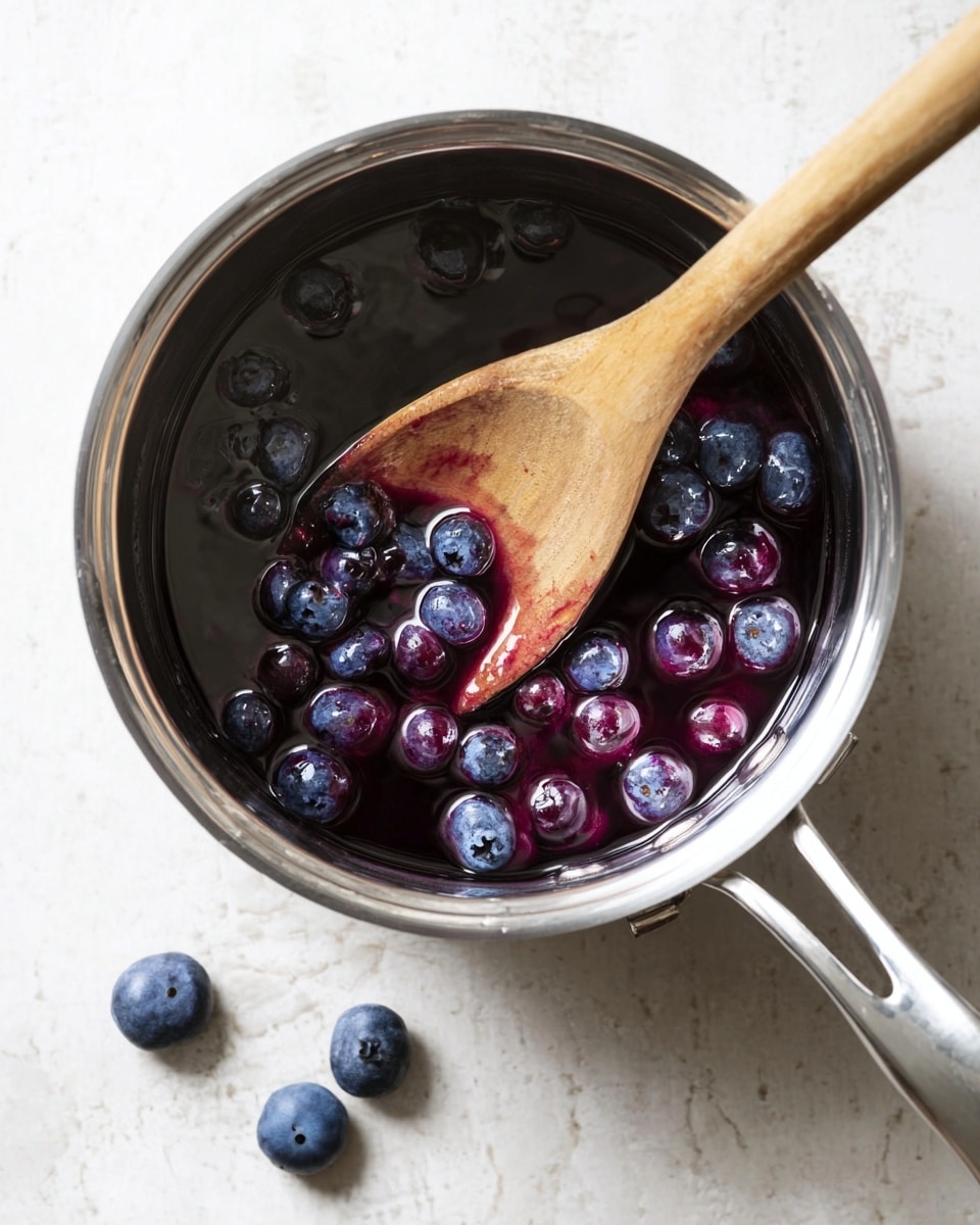 A shiny stainless steel pot holds a dark purple liquid with whole blueberries floating on top and inside it. A wooden spoon with a smooth light brown texture rests inside the pot, partially stirring the liquid and berries. Outside the pot on the white marbled surface, three fresh blueberries are scattered. The scene is simple and clean, focusing on the mix of deep blueberry colors with the metal pot and natural wood spoon. photo taken with an iphone --ar 4:5 --v 7