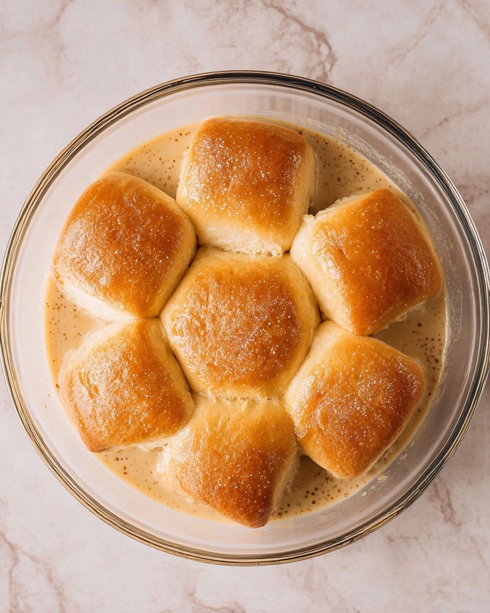 There is a clear glass bowl filled with six soft bread rolls arranged close together in the center. The rolls are light brown on top, showing a smooth and slightly shiny texture. They sit in a light brown creamy liquid that has tiny specks, covering the base of the bowl and some of the sides of the rolls. The bowl is placed on a white marbled surface. photo taken with an iphone --ar 4:5 --v 7