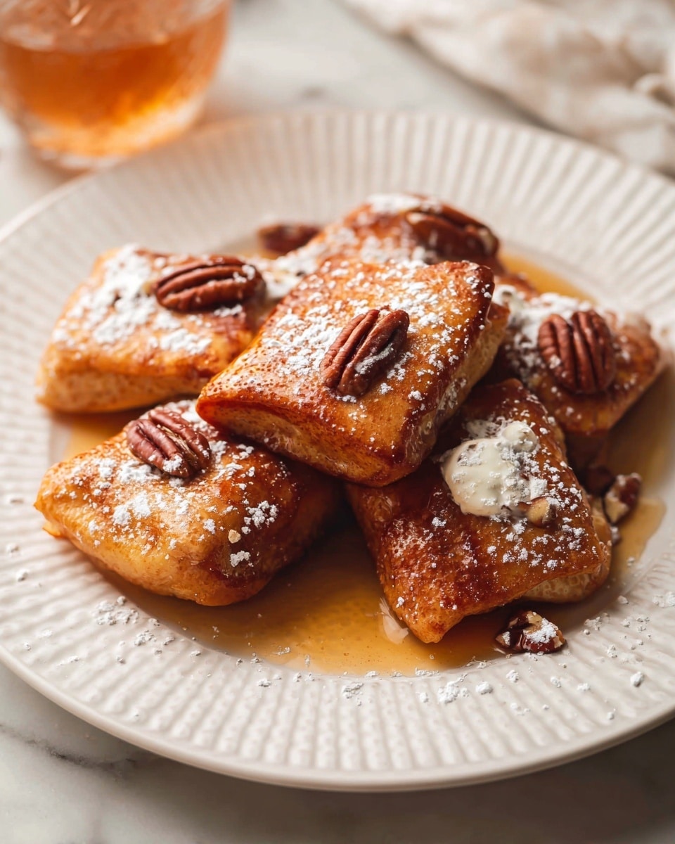 A white plate with a textured rim holds five golden brown square pieces of fried dough stacked slightly unevenly. Each piece has a slightly crispy and shiny surface, and some edges look soft. There are small dollops of white creamy butter melting on the top pieces, sprinkled lightly with powdered sugar. Whole pecans are placed on top of and around the dough pieces, adding a rich brown contrast. A light amber syrup puddles around the dough on the plate. In the background, a glass with a light brown drink sits on a white marbled surface. Photo taken with an iphone --ar 4:5 --v 7