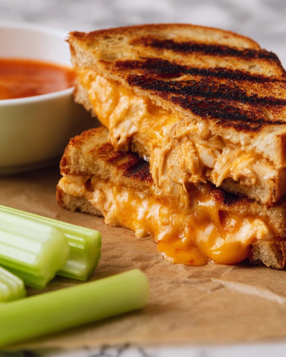 A grilled sandwich is shown close up with two pieces stacked on top of each other. The sandwich has one visible layer of golden-brown toasted bread with dark grill marks. Inside, there is a thick layer of melted orange cheese mixed with bits of creamy white chicken. The cheese looks soft and stretchy, slightly oozing out from between the bread. In the background, there is a white bowl with reddish sauce inside, and bright green celery sticks lay in front of the sandwich on a light brown paper. The whole image sits on a white marbled surface. Photo taken with an iphone --ar 4:5 --v 7